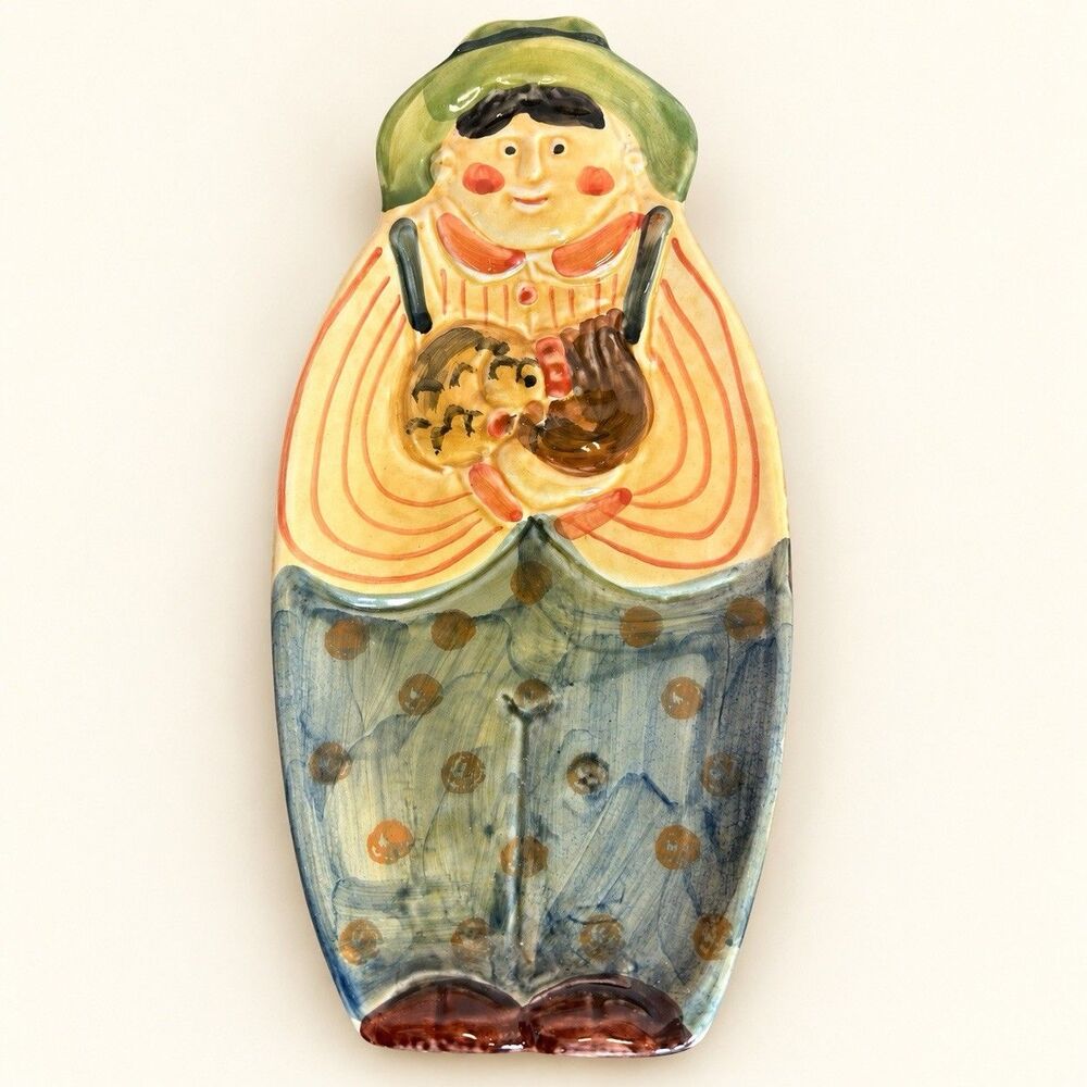Vintage Italy Hand Painted Ceramic Farmer with Chicken Figural Serving Tray Dish